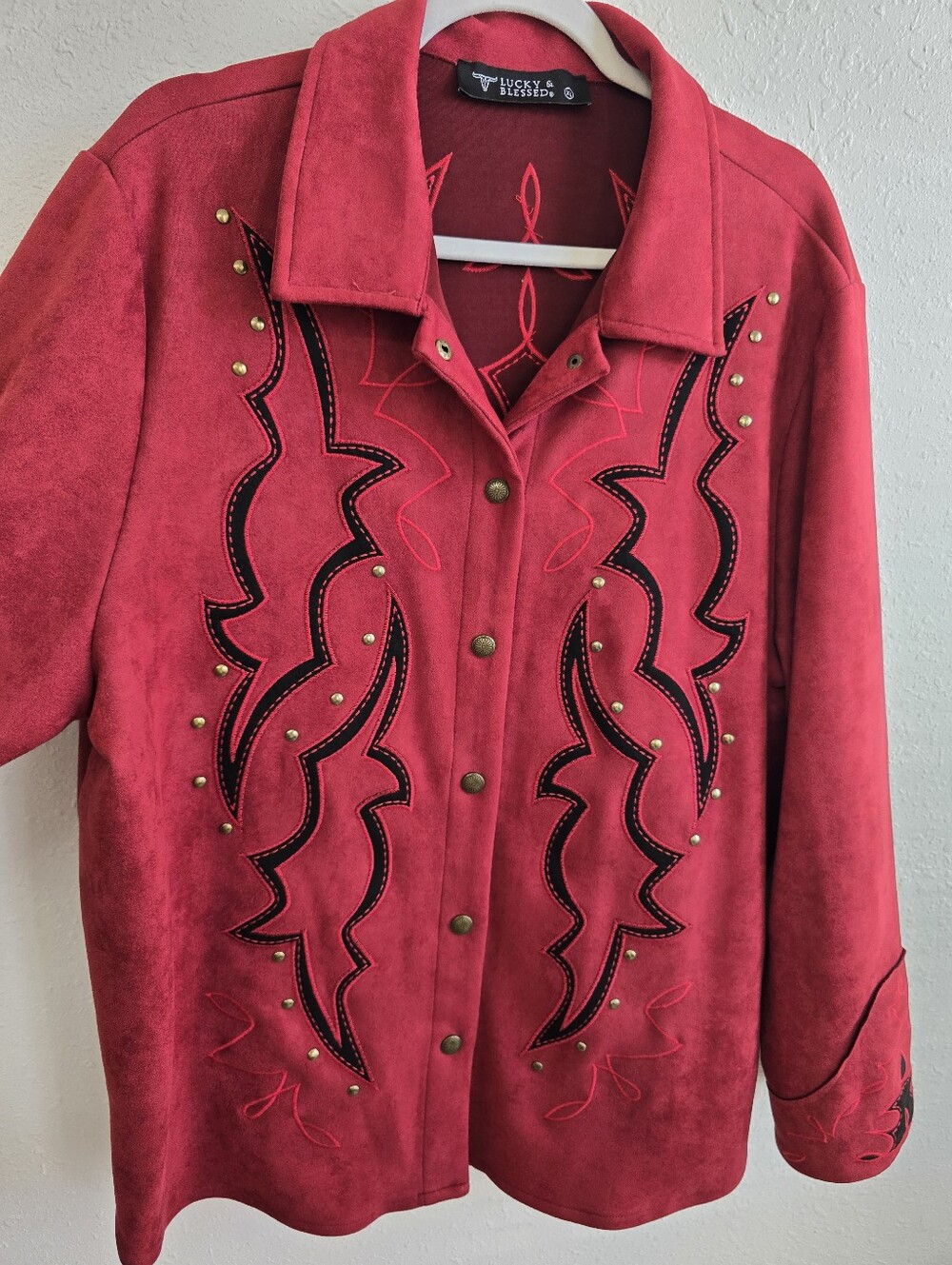 Lucky & Blessed Red Suede Boot Stitch Studded Jacket Western Rodeo Jacket XL - Picture 3 of 7